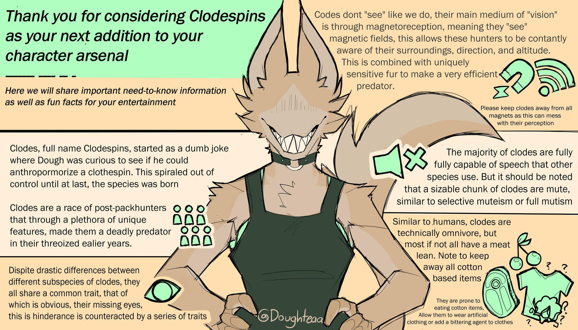 First page of the manual, describing Clodespin's most notable traits and habits.